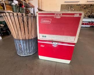 Antique hop basket and vintage cooler in original box