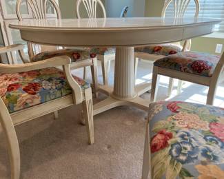 Ethan Allen cream painted round dining table 4 chairs and 2 arm includes China cabinet