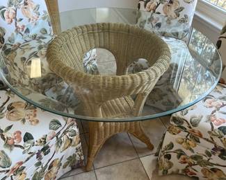 Now $150 !!!! (4/7)  was 395.00 wicker glass table with 4 botanical upholstery chairs on casters 44 round 29 H