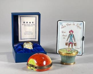 LIMOGES CERAMICS & MORE | Includes: Limoges apple, Halcyon Days Enamel Noah’s Ark decorative ceramic, Bilston and Battersea Enamel “Mothers Day 1979” ceramic, and French ceramic box