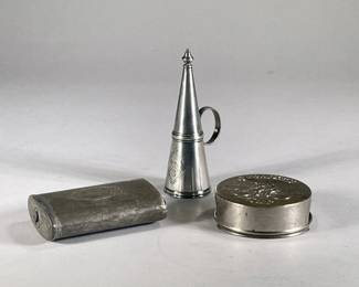 MIXED METAL PIECES | Includes: antique tobacco canister, collapsible “Cyclists Cup”, and engraved cone