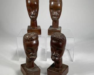 (4PC) CARVED AFRICAN BUSTS | 2 pair of wood carved African busts