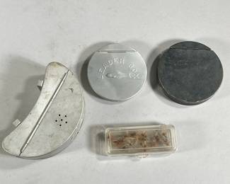 (4PC) FLY FISHING GROUP | Including a small box of fishing lures, an early english metal leader box, and embossed aluminum leader box, and an aluminum belt-mount bait box