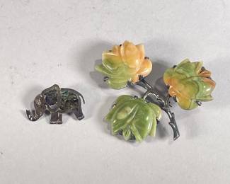 MEXICAN SILVER BROOCHES | Includes small silver elephant with inlay abalone and Mexican silver branches with stone carved flowers
