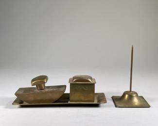 (4PC) METAL DESK SET | Including a blotter, inkwell, spike and tray