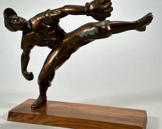 "BLAZIN' ONE IN" CLEMENTE SPAMPINATO (1912-1993) | Cast metal with bronze finish resembling Bob Feller on wood base, titled "Blazin' One In" by Clemente Spampinato (1912-1993)