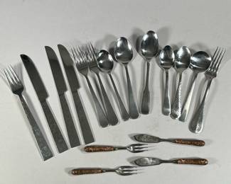MIXED SILVERWARE | Includes: Calvin Klien stainless steel fork & 3 knives, The Main Course Japanese stainless steel 2 forks & 2 spoons, 2 silver plate butter knives & 2 silver plate forks, and other mixed stainless steel silverware