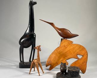 (5PC) CARVED WOOD ANIMALS | Includes: 2 giraffe figurines, avian figurine, folk art carved trout, and carved owl inkwell