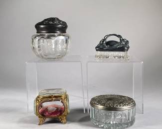 (3PC) ANTIQUE GLASS JEWLERY BOX & MORE | Includes: etched glass jewelry box, glass makeup container with mirror backed top, and pewter topped glass jar