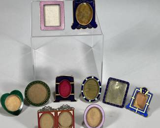 (10PC) DECORATIVE ENAMELED MINIATURE PICTURE FRAMES | Mostly brass, varying shapes.