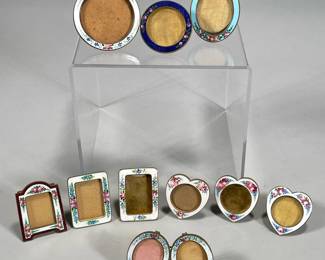 (10PC) FLOWER ENAMELED MINIATURE PICTURE FRAMES | Mostly brass. Heart, square, oval shapes.