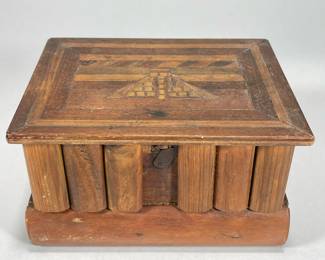 INLAID WOOD “TRICK” BOX | Carved wooden “trick” box with secret bottom compartment inlaid with pyramid design on top