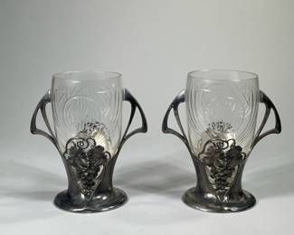 PAIR SILVER & GLASS VASES | Pair of glass cases with silver holder & base