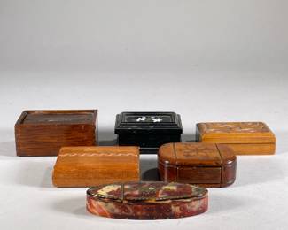 MIXED CARVED & INLAY SNUFF BOXES | Including; various carved wood & inlay snuff boxes