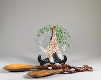 (3PC) GIRAFFE SALAD SERVERS AND PLATE | Two carved wooden giraffe salad servers and a glass painted giraffe plate