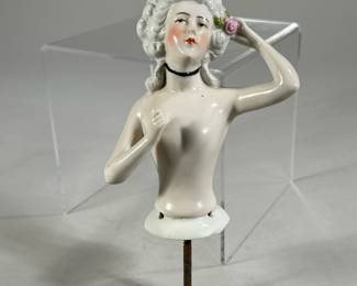 PORCELAIN PIN CUSHION DOLL | German porcelain half doll showing woman with flower in her hair, marked on back "Germany 15006"