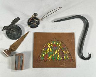 (5PC) MISC. DECORATIVE METAL ITEMS | Includes: commemorative miniature weather vane, brass & copper figurine of a fisherman, metal stamp with hammer, etched & painted brass piece, and more