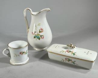 (3PC) FLORAL & GILT CERAMICS | Includes: Small pitcher, mug, and soap dish all decorated with flowers and gilt outlining
