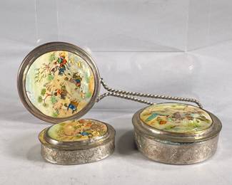 (3PC) MOTHER OF PEARL MIRROR & MAKEUP SET | Includes: small mirror and 2 small engraved metal boxes all with hand painted mother of pearl tops