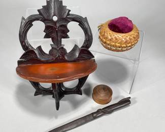 (4PC) MISC. WOOD CARVINGS | Includes: carved wooden folding shelf, carved letter opener with snake, small carved wooden compass, and woven pincushion