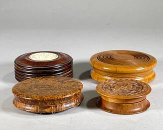 (4PC) CIRCULAR CARVED WOOD BOXES | Including; carved floral bone inlay, carved burl wood, and more