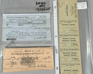 ANTIQUE TICKETS RECEIPTS & OTHER EPHEMERA | Includes: California, Oregon & Idaho Stage Company stagecoach tickets, 1855 Juror payment form,  and checks from The Geneva Savings and Trust Co.