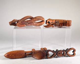 WOOD CARVINGS | Includes; wood carved tools, clogs with chain, and heart & lock spoon