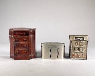 (3PC) VINTAGE COIN BANKS | Including a Lawrence savings bank with sections for each coinage with value counters A US mailbox coin bank And a Park Sherman dresser coin banks