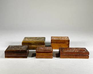 (5PC) FLORAL CARVED SNUFF BOXES | Snuff & stamp boxes carved with flora & fauna