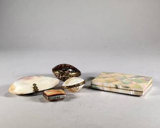 (5PC) SEASHELL LOCKETS & STAMP BOOKS | Includes: 2 Mother of Pearl stamp books, seashell stamp book and 2 other seashell lockets