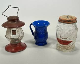 (3PC) DECORATIVE GLASS | Including a “Lucky Joe Bank”, a miniature lantern with red painted tin, & a “Remember Me” Bristol blown cup