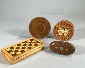 GAME & DECORATIVE BOXES | Including; folding chess set with piece storage, round carved ball game, carved box with mother of Pearl inlay, and more