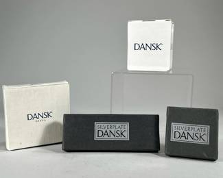 (4PC) NEW IN BOX DANSK PIECES | Includes: silver plate letter opener with heart, silver plate makeup compact, nickel wine opener, and star shaped paperweight, all brand new in box