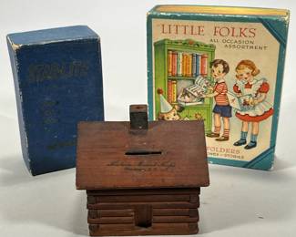 CHILDRENS BOOKS & TOYS | Includes: Little Folks box set of 16 nursery rhymes, songs, and stories, Starlite miniature microscope, wood carved coin bank