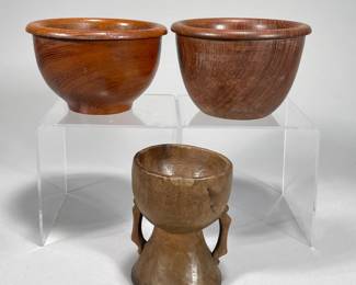 (3PC) TURNED WOODEN BOWLS | Includes 2 turned wooden bowls and carved wooden goblet