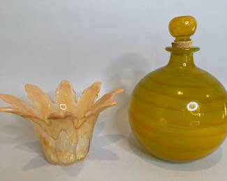 Art Glass Orange Decanter With Orange Votive Candle Holder
