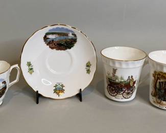 Staffordshire Niagara Falls Tea Cup And Saucer With Two Vintage Automobile Mugs
