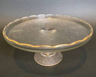 Early American Pressed Glass Harp Embossed Scalloped Edge Pedestal Cake Stand
