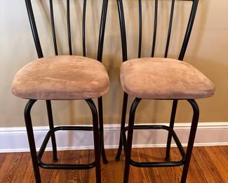Two Brown Painted Metal Barstools
