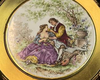 Vintage Rococo Style Porcelain Plaque After Fragonard's Lovers In A Brass Repousse Frame 
