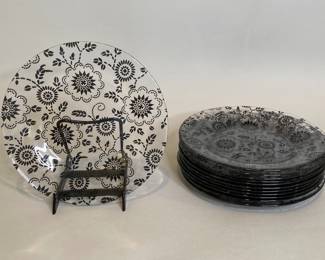 Set Of 12 Clear Glass Dessert Plates With Black Floral Motif
