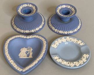 Wedgwood Jasperware Candle Sticks With Heart Bowl And Queensware Ash Tray
