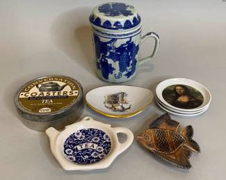 Chinese Blue And White Mug With Tea Strainer And Collection Of Tea Bag Rests
