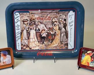 Vintage 1990 Coca Cola Blue Serving Tray Soda Fountain With 1970s? Coca Cola Coasters
