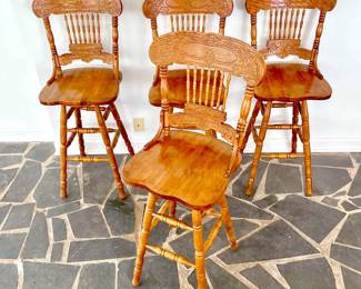 SET OF 4 BAR HEIGHT 360 DEGREE SWIVEL BARSTOOLS - OAK PRESS HIGH BACK