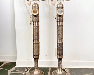 PAIR OF 42" VINTAGE ART DECO BRASS FLOOR TELEPHONES - HOLLYWOOD REGENCY - BUTTON DIAL - PHONE JACK
