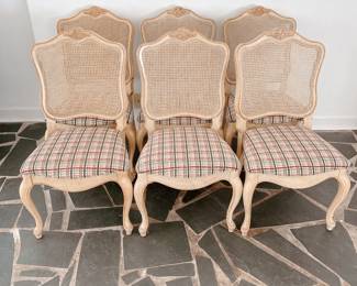 FRENCH PROVINCIAL PLAID UPHOLSTERED CANE BACK - SIDE CHAIRS - SET OF 6