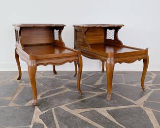 PAIR OF MID-CENTURY TIERED SIDE TABLE - TELEPHONE SIDE TABLE - FRENCH PROVINCIAL - CHERRY WOOD