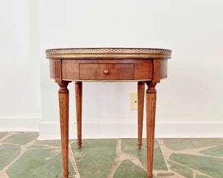 VINTAGE FRENCH LOUIS XVI STYLE BRIOLETTE TABLE - TWO DRAWERS - OYSTER PATTERN TOP - CARVED WOOD