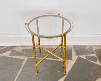 MID-CENTURY MODERN CHINOISERIE STYLE FAUX BAMBOO VINTAGE IRON TEA TABLE - SIDE TABLE - BRASS GOLD